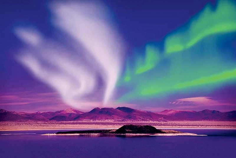 Sương mù mùa đông bao phủ khung cảnh cực quang