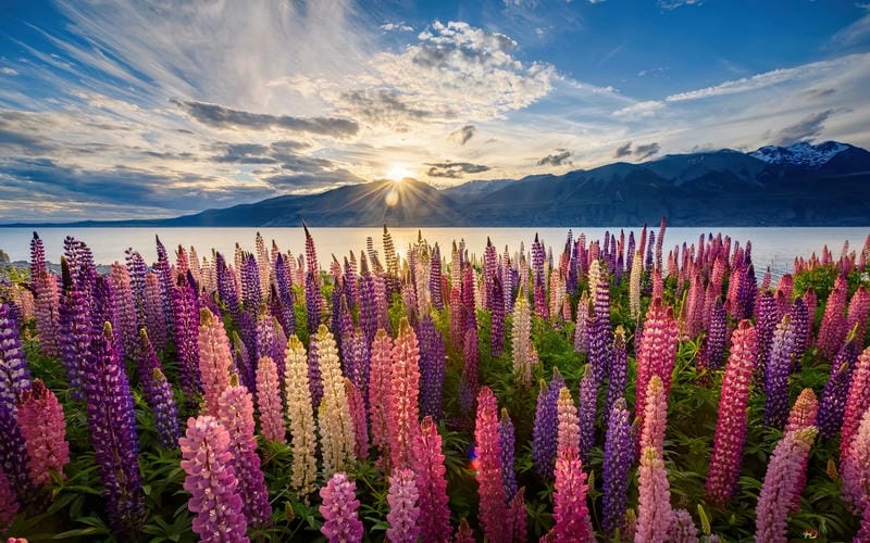 Sương mù Lupins buổi sớm mai huyền ảo