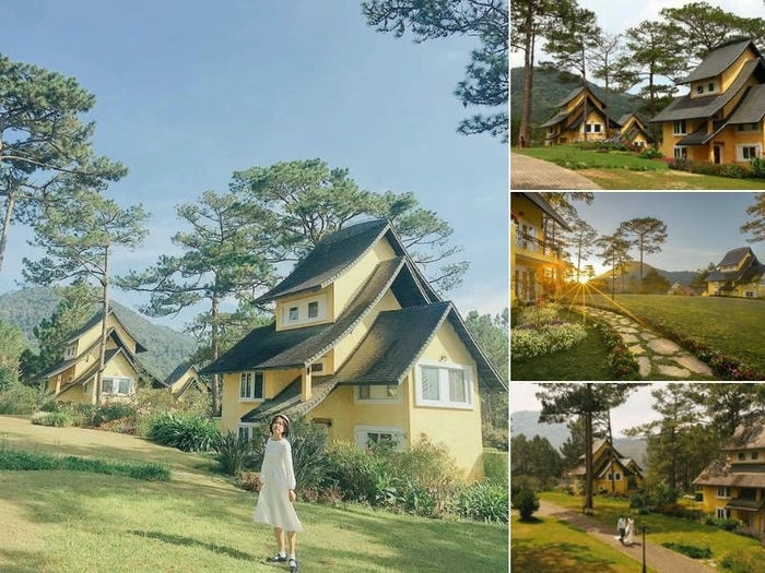 Sân vườn xanh mát hòa quyện với Nhà rường Đà Lạt